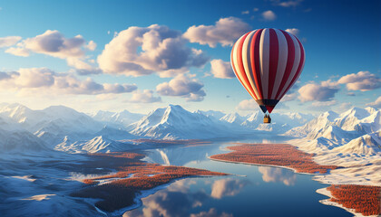 Flying hot air balloon over snowy mountain range, an adventure generated by AI - obrazy, fototapety, plakaty