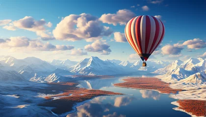 Schilderijen op glas Flying hot air balloon over snowy mountain range, an adventure generated by AI © Gstudio