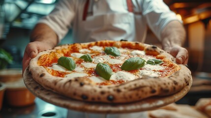 Food concept. A happy professional chef presents freshly prepared pizza from the oven