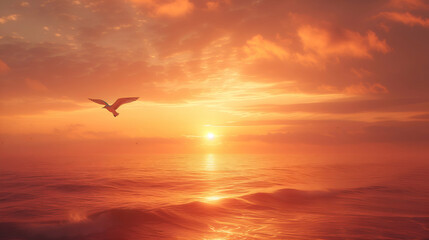 Sunset over the ocean with a seagull in flight and the sun casting a warm glow on clouds and gentle sea waves