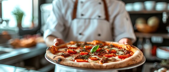 Food concept. A happy professional chef presents freshly prepared pizza from the oven