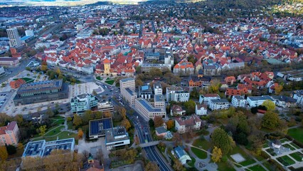 Aerial view of the old town Reutlingen in Germany on a sunny day in fall