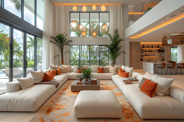A spacious living room with minimalist interior design. Created with generative AI.