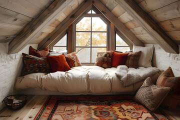 A cozy attic with rustic interior design. Created with generative AI.