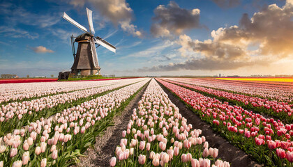 Windmill in tulip field at sunset, Netherlands, springtime