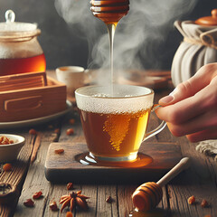 Adding Honey from a Honey Jar to a Cup of Tea