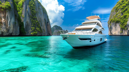 A luxury yacht anchored in clear blue ocean waters near steep rock formations on a sunny day. Ai...