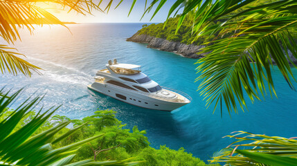 A luxury yacht sailing on the blue ocean near a tropical coastline, with lush greenery and palm...