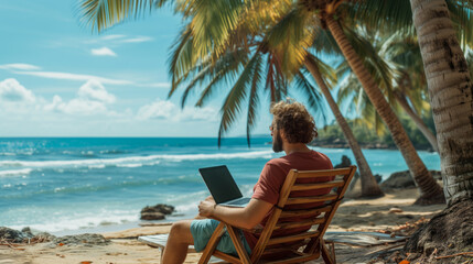 Fototapeta na wymiar A man works on his laptop while sitting on a beach chair, enjoying a scenic ocean view, embodying a remote nomad lifestyle. Ai generative