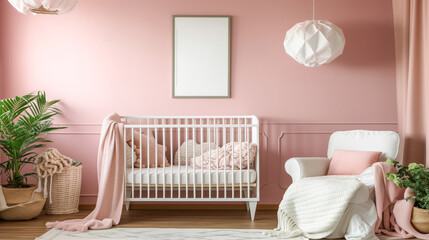 Minimalist baby's room with white crib and pink accents, indoor plant, and soft lighting. Generative AI