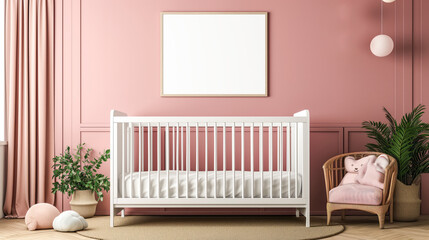 Modern nursery room with pink paneling, empty frame, and natural elements. Generative AI