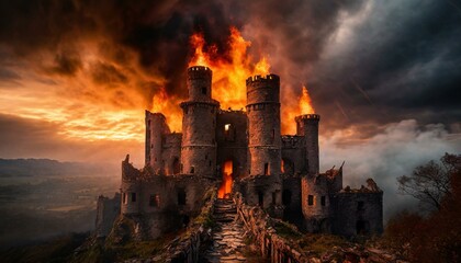 burning destroyed castle ruins - obrazy, fototapety, plakaty