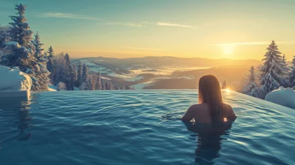 Papier Peint photo Lavable Spa Woman relaxing in a hot spring or spa pool with steam, surrounded by snow-covered mountains during winter. Ai generative