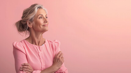 Retrato de mujer madura vestida de color rosa sobre fondo liso de color rosa.  - obrazy, fototapety, plakaty