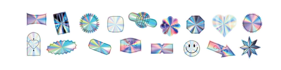 Y2K holographic sticker set hearts with chrome effect. Abstract shapes in hologram style. Flat vector illustration isolated on white background. - obrazy, fototapety, plakaty