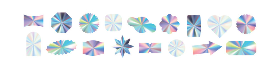Silver holographic sticker with gradient effect, for label, badge, or sale stamp, foil hologram. Flat vector illustration isolated on white background.