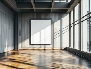 Fototapeta premium Modern office interior with a large blank poster framed on a wall. Ai generative