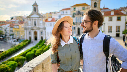 Fototapeta premium Happy young travelers exploring in city.