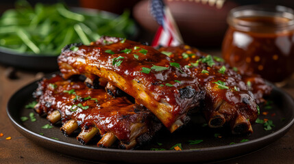 Bbq ribs, football and US flag in the background
