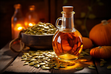 Raw pumpkin seed oil in a glass bottle
