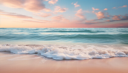 Sunset over the tranquil coastline, waves reflecting the beauty generated by AI