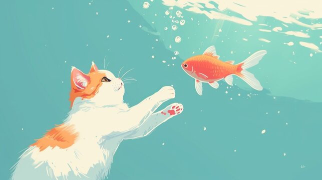 flat logo of Cute cat playing with fish in aquarium cartoon vector icon illustration animal nature icon isolated