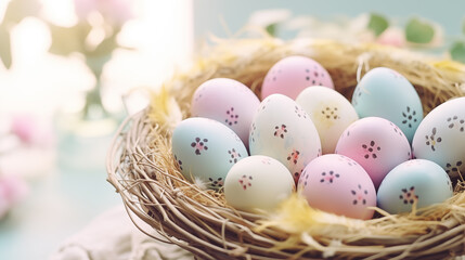 Fototapeta na wymiar Easter eggs with creative boho print in pastel colors lie in a bird's nest.