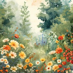 Obraz na płótnie Canvas Enchanting Wildflower Meadow with Misty Forest Background