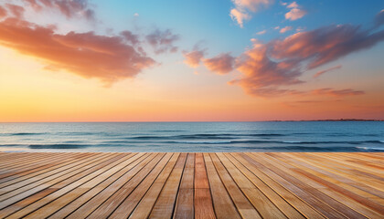 Fototapeta na wymiar Sunset over water, wood plank table, nature tranquil beauty generated by AI