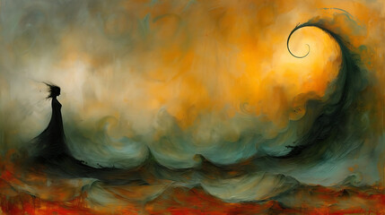 A painting of a woman standing in the ocean, in the style of dramatic splendor, dark teal and orange, motion blur panorama, depictions of inclement weather, golden light

