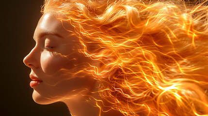 image of beautiful woman with fire and flames, in the style of realistic hyper-detail, lightningwave, wavy, solarizing master, close up, naturalistic light and shadow, abstract 