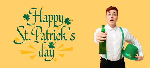 Festive banner for Happy St. Patrick's Day with young man holding bottle of ale and leprechaun's hat