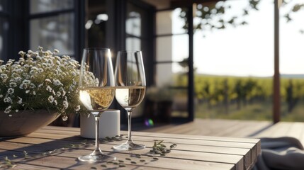 Beautiful glass of wine on a country porch. generative ai
