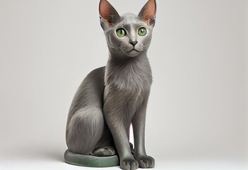 Young silver tipped Korat cat, sitting up like statue. Looking towards camera with bright green eyes and attitude. Isolated on a white background. Generative AI