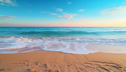 Fototapeta na wymiar Sunset over the coastline, waves crash on sandy beach generated by AI
