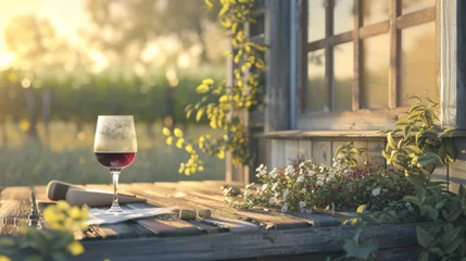 Fotobehang Beautiful glass of wine on a country porch. generative ai © ThisDesign
