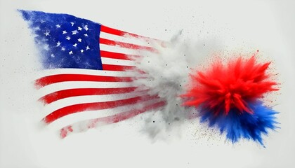 Labor day Red, White and Blue colored dust explosion background. Splash of American flag colors smoke dust on white background, Independence Day, Memorial Day patriotic abstract pattern generative ai