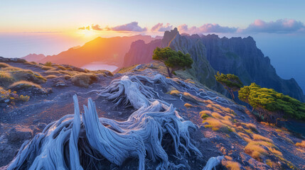 Mountain trek to Pico Ruivo, Madeira, white dry trunks lying on foreground - obrazy, fototapety, plakaty
