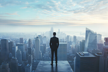 Successful business man looking over cityscape
