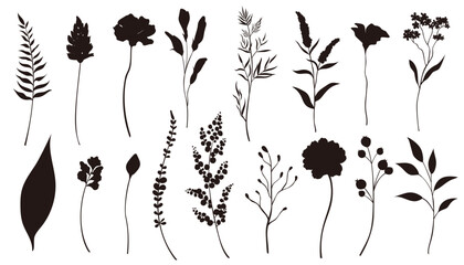 Spring flower and leaf black silhouette set. Elegant botanical flowers vector illustration.