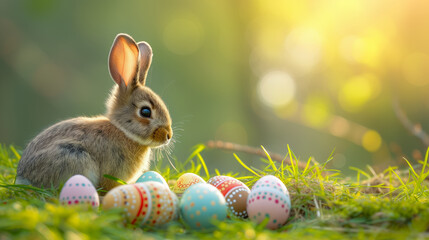 Fototapeta na wymiar A bunny beside colourful Easter eggs on a grassy field, symbolizing the holiday's festive spring celebration. Ai generative