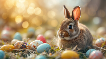 A bunny nestled among colorful Easter eggs on a grassy surface with a warm, festive background suggesting spring and holiday celebration. Ai generative