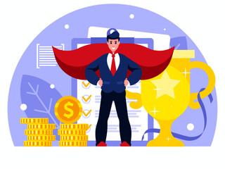 Best salesman. Brave businessman in superhero costume. Prize money concept. Success concept. Trophy. Vector graphics