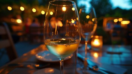 Closeup of a glass of wine on the terrace of a restaurant generative ai