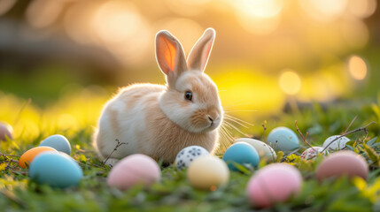 A bunny surrounded by colourful eggs on a grass field, representing Easter holiday with a blurry spring background. Ai generative