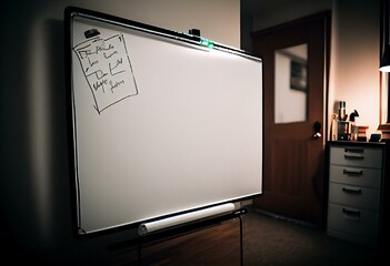 Whiteboard. Blank Whiteboard mounted on wall. 3x marker pens. Generative AI - obrazy, fototapety, plakaty