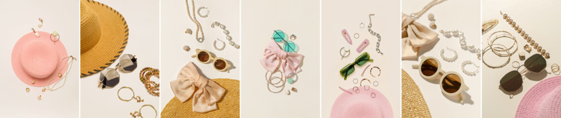 Set of stylish women's summer accessories on light background