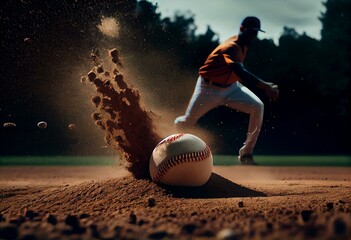 Sports, pitch and baseball ball in air, pitcher throwing it in match, game or practice in outdoor field. Fitness, exercise and training on baseball field with player in action,. Generative AI - obrazy, fototapety, plakaty