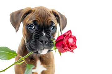 Bulldog with Red Rose Isolated on White and Png Transparent Background - obrazy, fototapety, plakaty