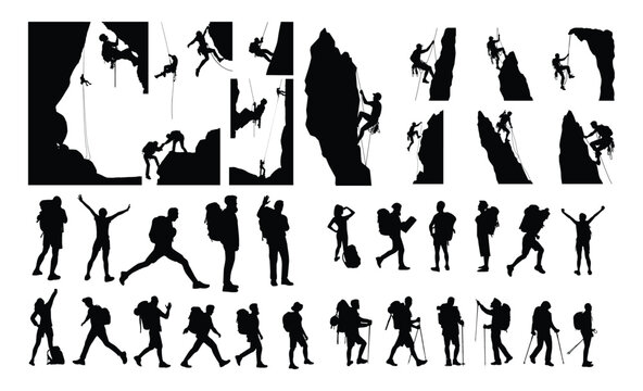 Big set of mountaineer climber hiker people, vector silhouette collection	